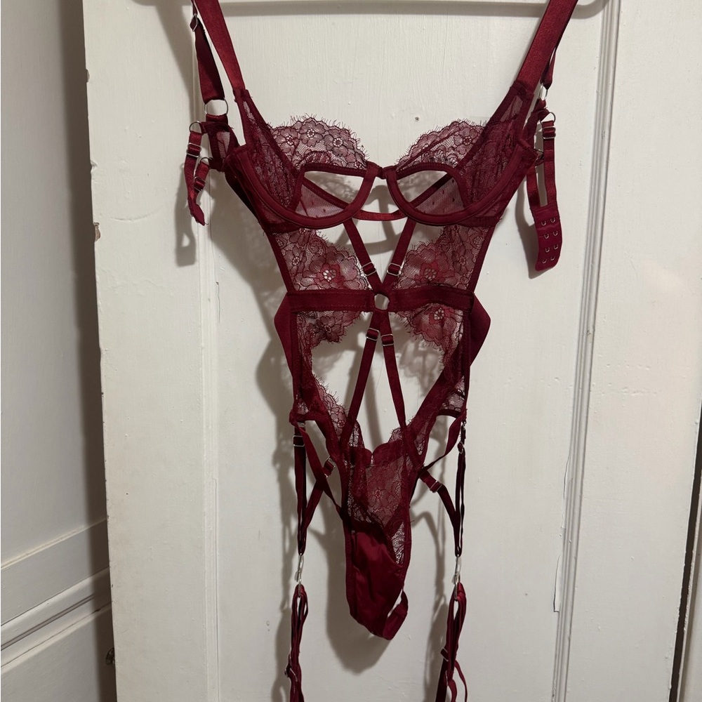 Thistle and Spire Burgundy Lace Bodysuit with garters